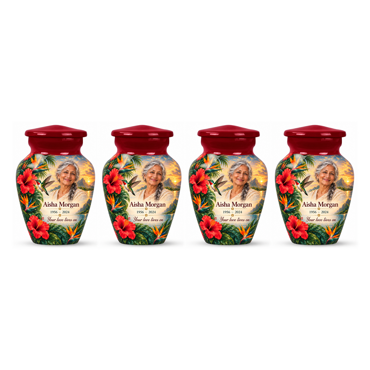 Four matching red hummingbird keepsake urns with Aisha Morgan sample photo and text