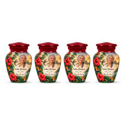 Four matching red hummingbird keepsake urns with Aisha Morgan sample photo and text