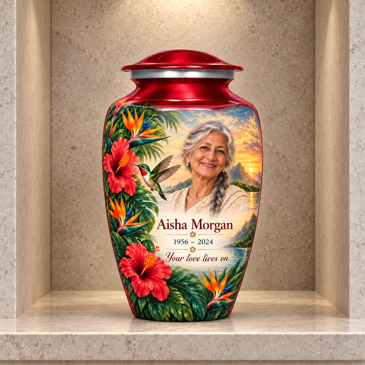 Red hummingbird adult urn with Aisha Morgan sample photo and text displayed in a stone columbarium niche