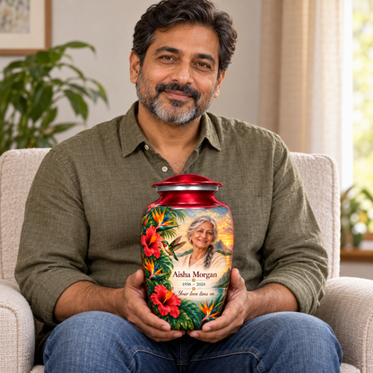 A seated person holding the red hummingbird adult urn with Aisha Morgan sample photo and text