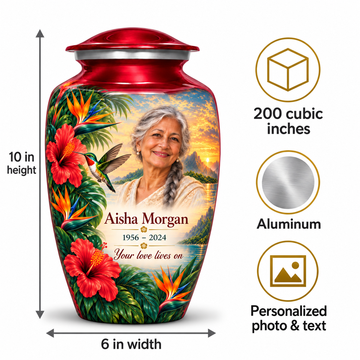 Red hummingbird adult urn size guide showing 10 inch height, 6 inch width, 200 cubic inches, Aluminum and personalized photo and text
