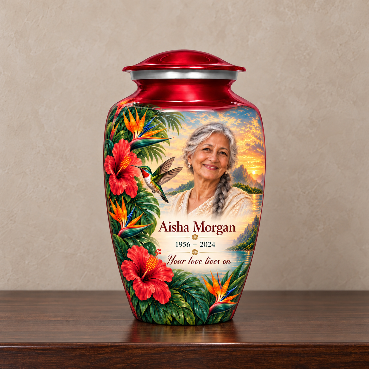 Red hummingbird adult urn with Aisha Morgan sample photo and text displayed on a memorial console