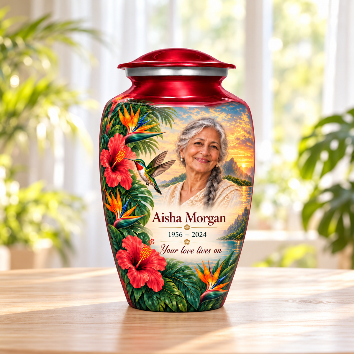 Red hummingbird adult urn with hibiscus, bird of paradise flowers and a tropical sunset and Aisha Morgan sample photo and text in a sunlit home