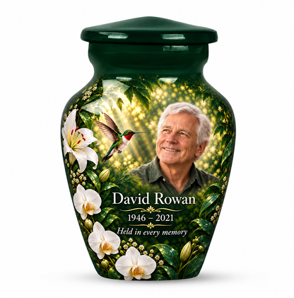 One green hummingbird keepsake urn with white orchids and a lily in a sunlit forest and David Rowan sample photo and text