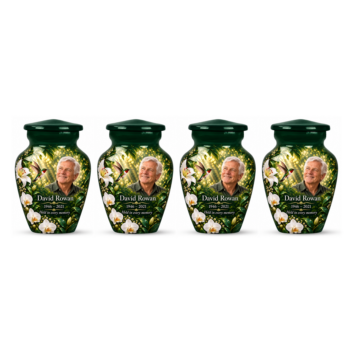 Four matching green hummingbird keepsake urns with David Rowan sample photo and text