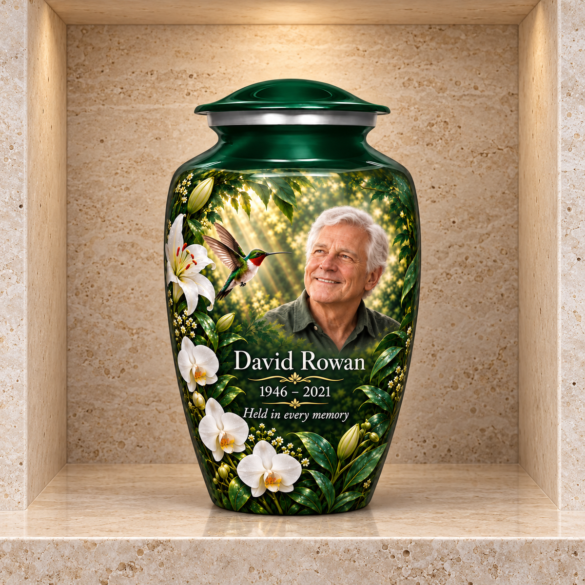Green hummingbird adult urn with David Rowan sample photo and text displayed in a stone columbarium niche