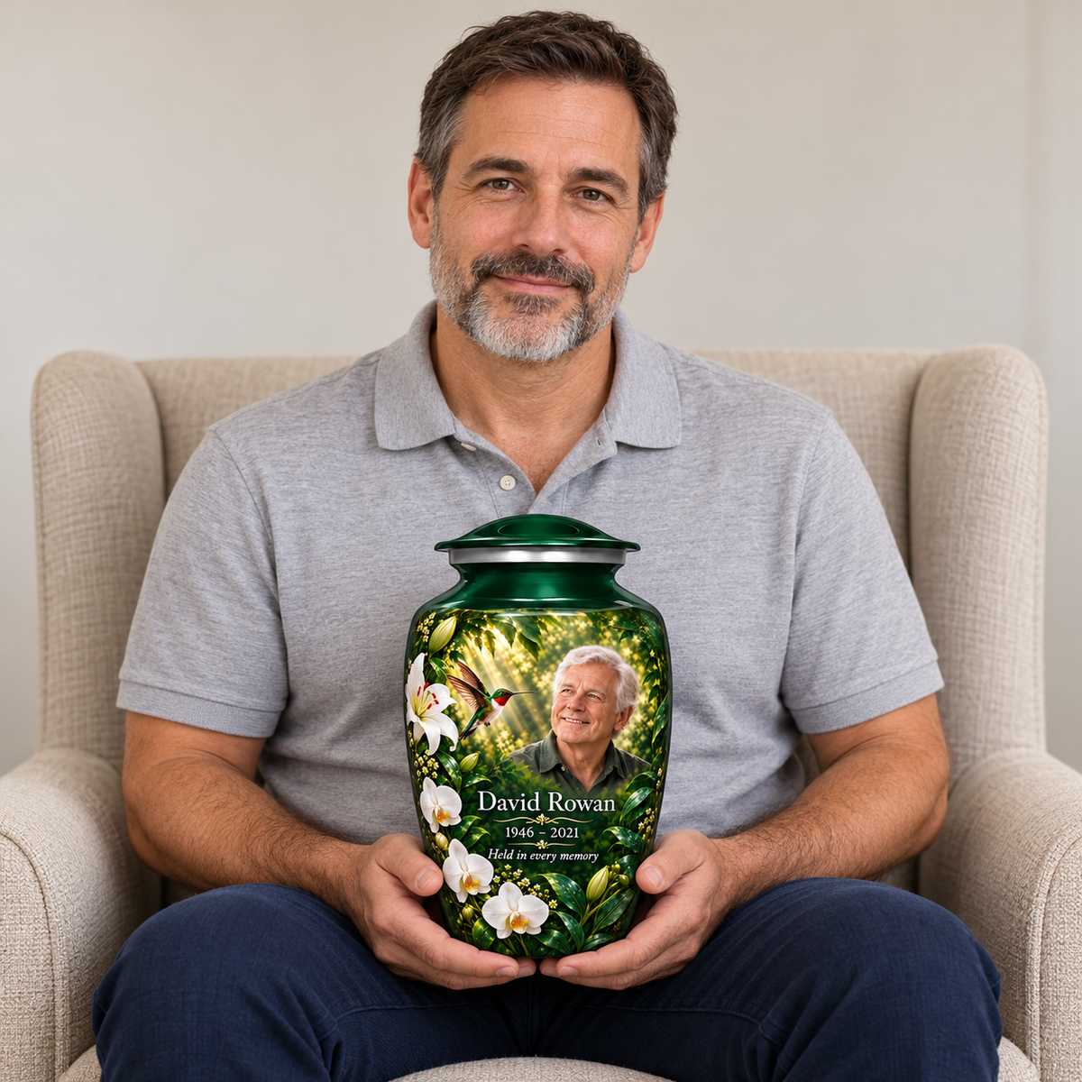 A seated person holding the green hummingbird adult urn with David Rowan sample photo and text