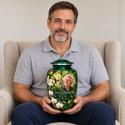 A seated person holding the green hummingbird adult urn with David Rowan sample photo and text