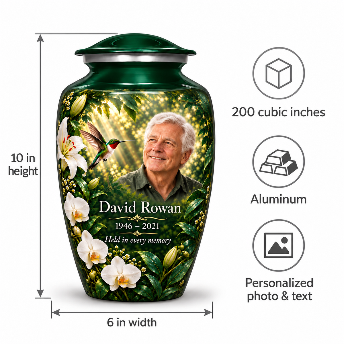 Green hummingbird adult urn size guide showing 10 inch height, 6 inch width, 200 cubic inches, Aluminum and personalized photo and text