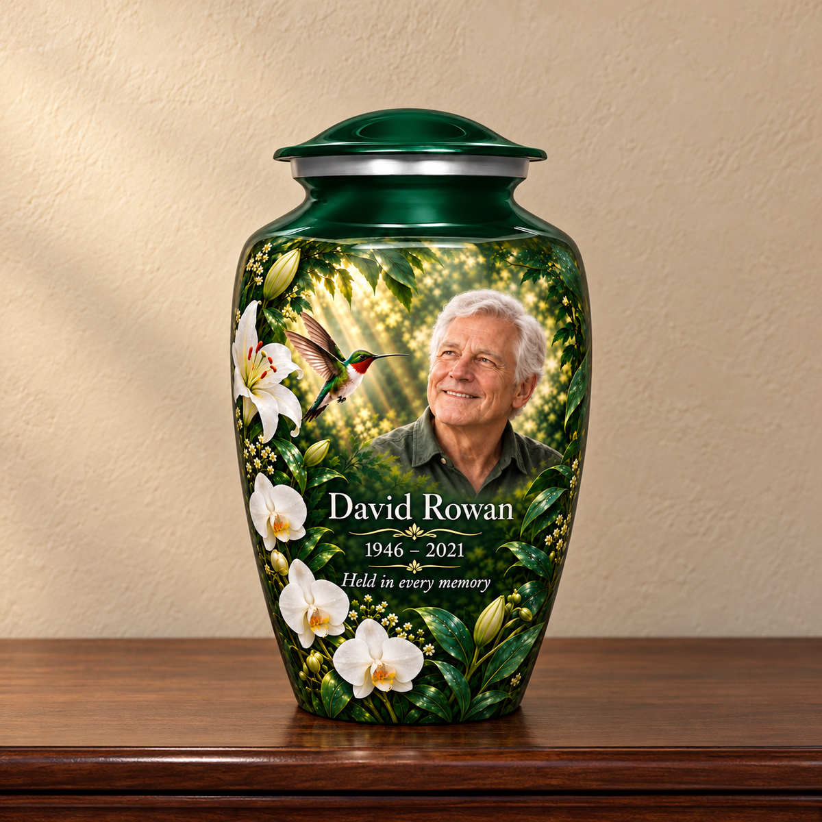 Green hummingbird adult urn with David Rowan sample photo and text displayed on a memorial console