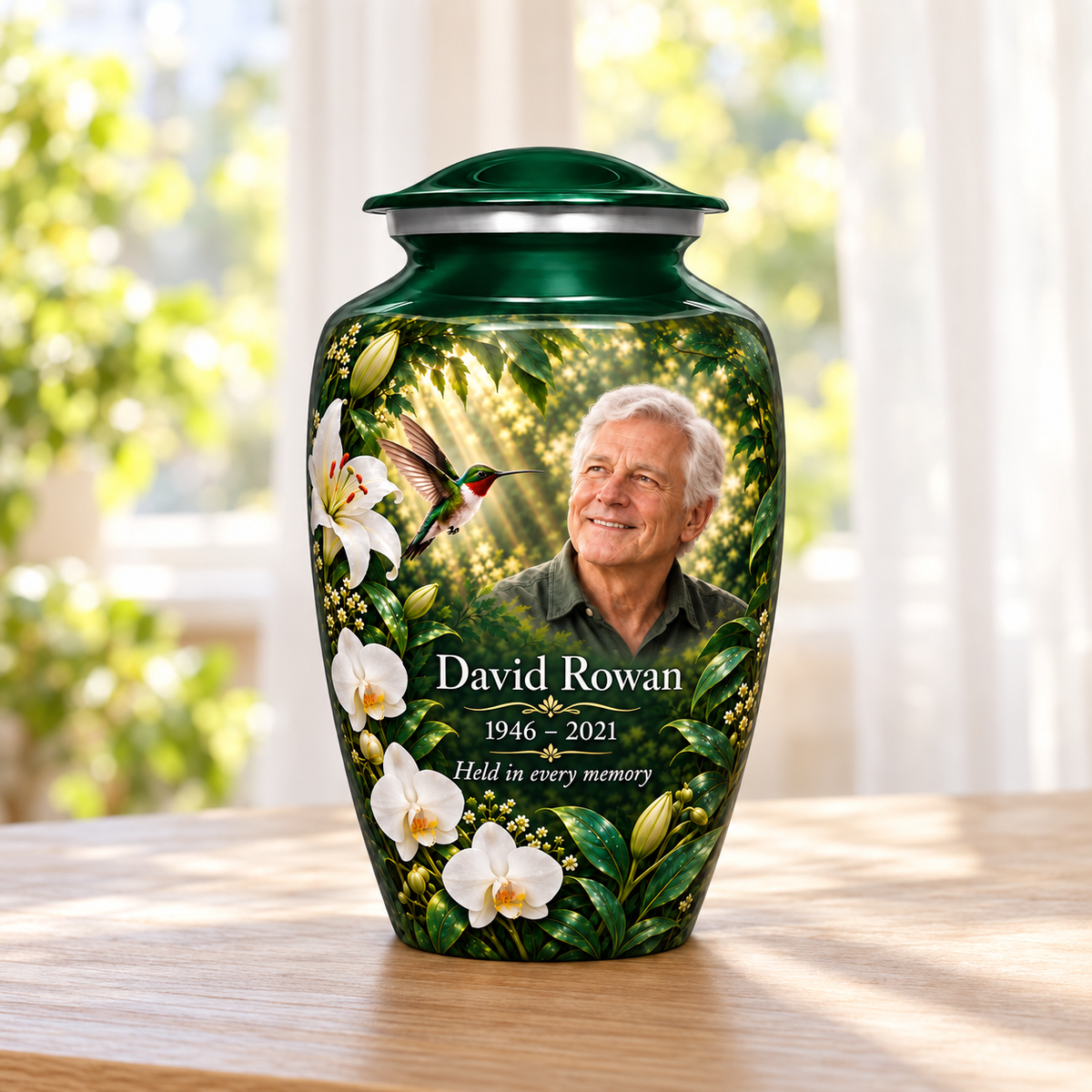 Green hummingbird adult urn with white orchids and a lily in a sunlit forest and David Rowan sample photo and text in a sunlit home