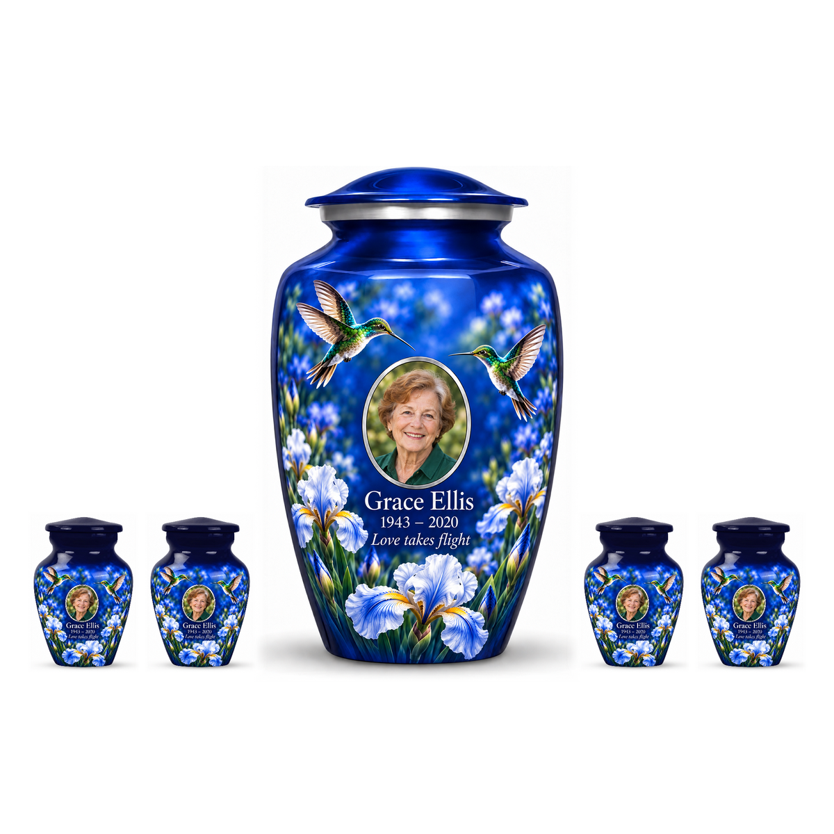 One blue hummingbird adult urn with four matching keepsakes, all with Grace Ellis sample photo and text