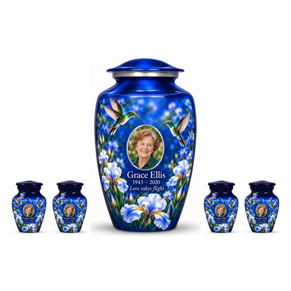 One blue hummingbird adult urn with four matching keepsakes, all with Grace Ellis sample photo and text