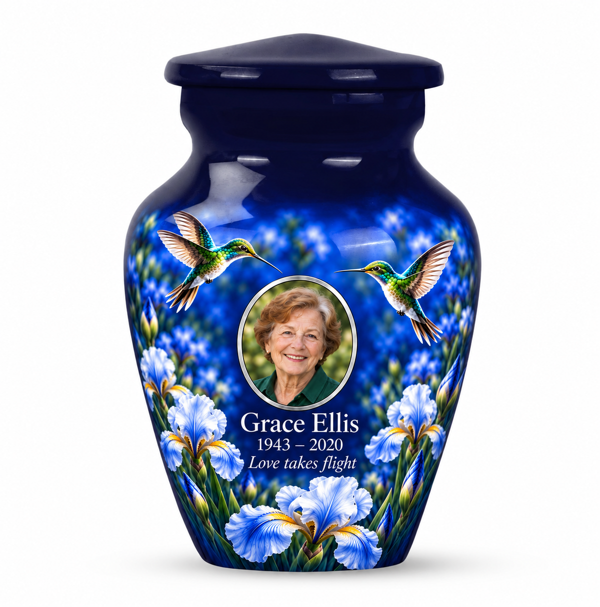 One blue hummingbird keepsake urn with two hummingbirds and pale blue irises and Grace Ellis sample photo and text