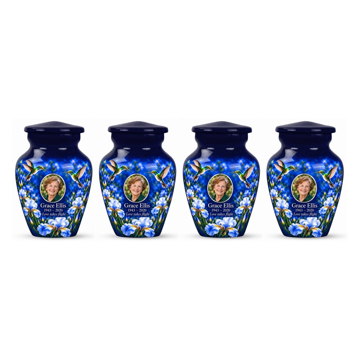 Four matching blue hummingbird keepsake urns with Grace Ellis sample photo and text