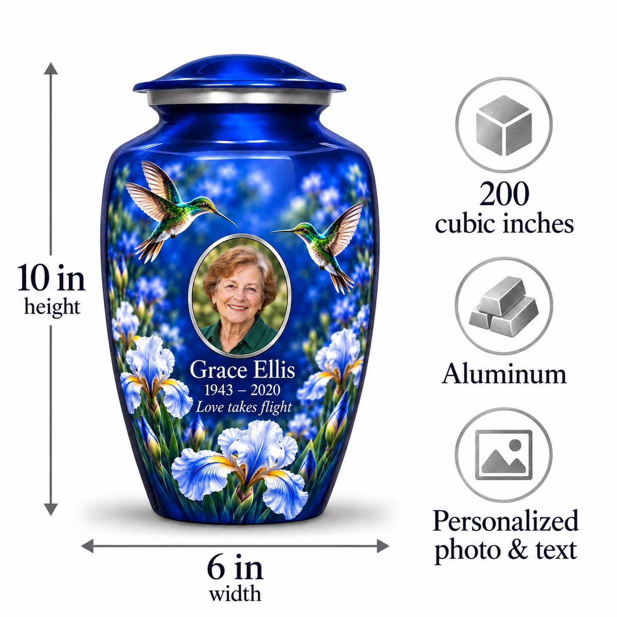 Blue hummingbird adult urn size guide showing 10 inch height, 6 inch width, 200 cubic inches, Aluminum and personalized photo and text