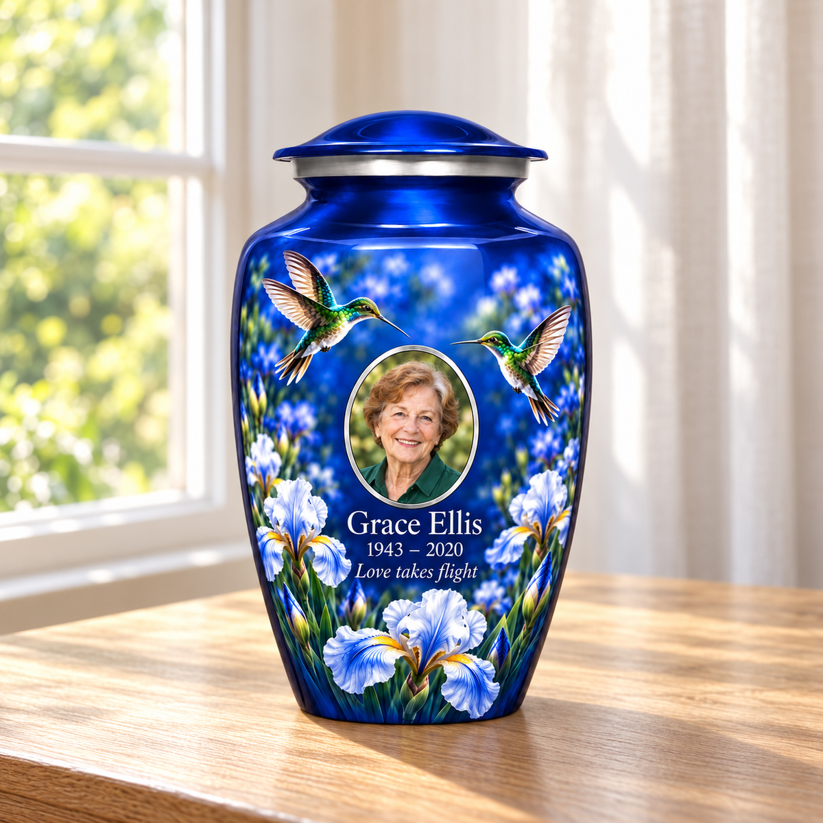 Blue hummingbird adult urn with two hummingbirds and pale blue irises and Grace Ellis sample photo and text in a sunlit home