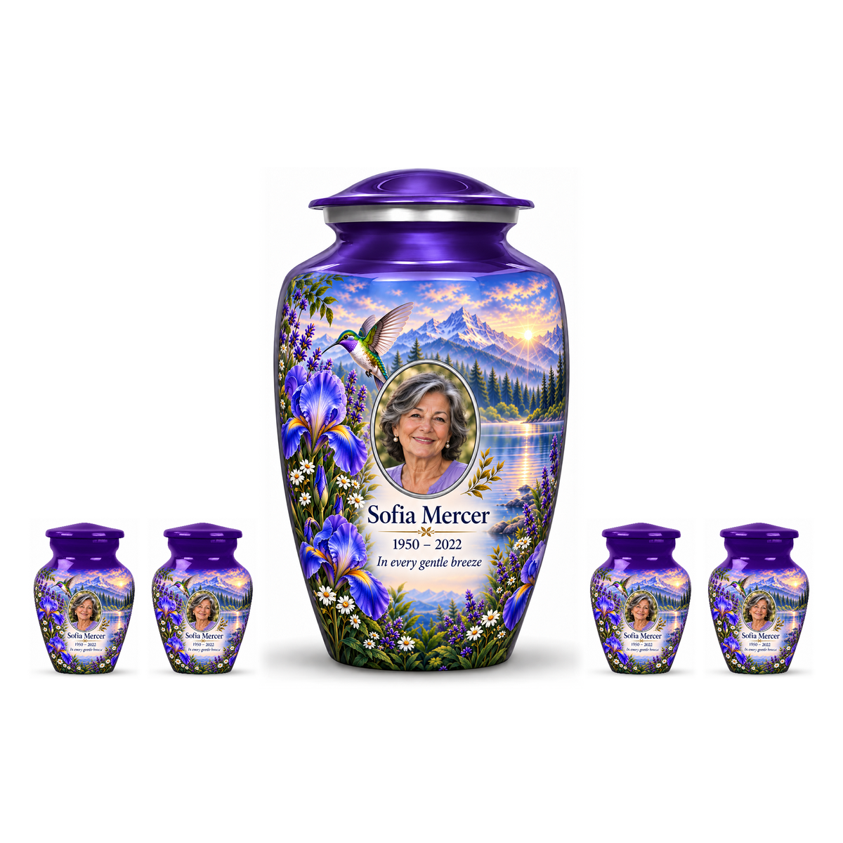 One purple hummingbird adult urn with four matching keepsakes, all with Sofia Mercer sample photo and text