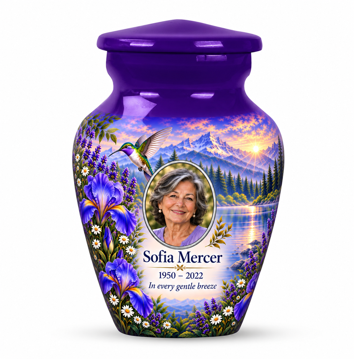 One purple hummingbird keepsake urn with purple irises and an alpine lake and Sofia Mercer sample photo and text