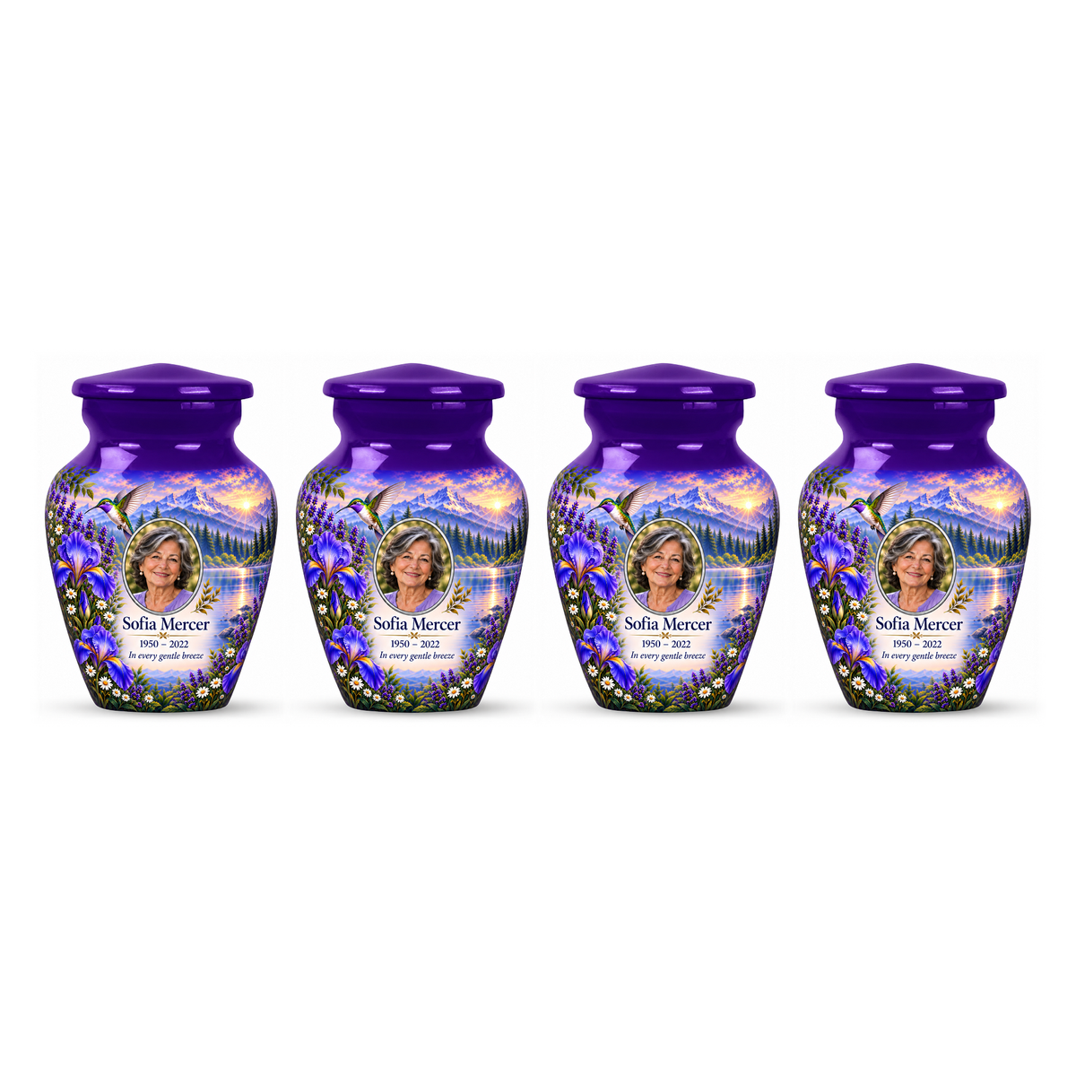 Four matching purple hummingbird keepsake urns with Sofia Mercer sample photo and text