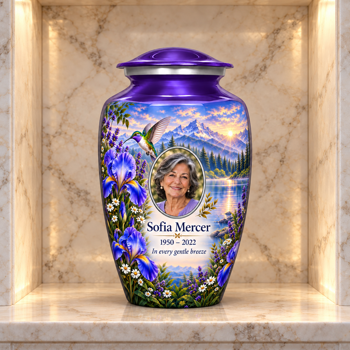 Purple hummingbird adult urn with Sofia Mercer sample photo and text displayed in a stone columbarium niche
