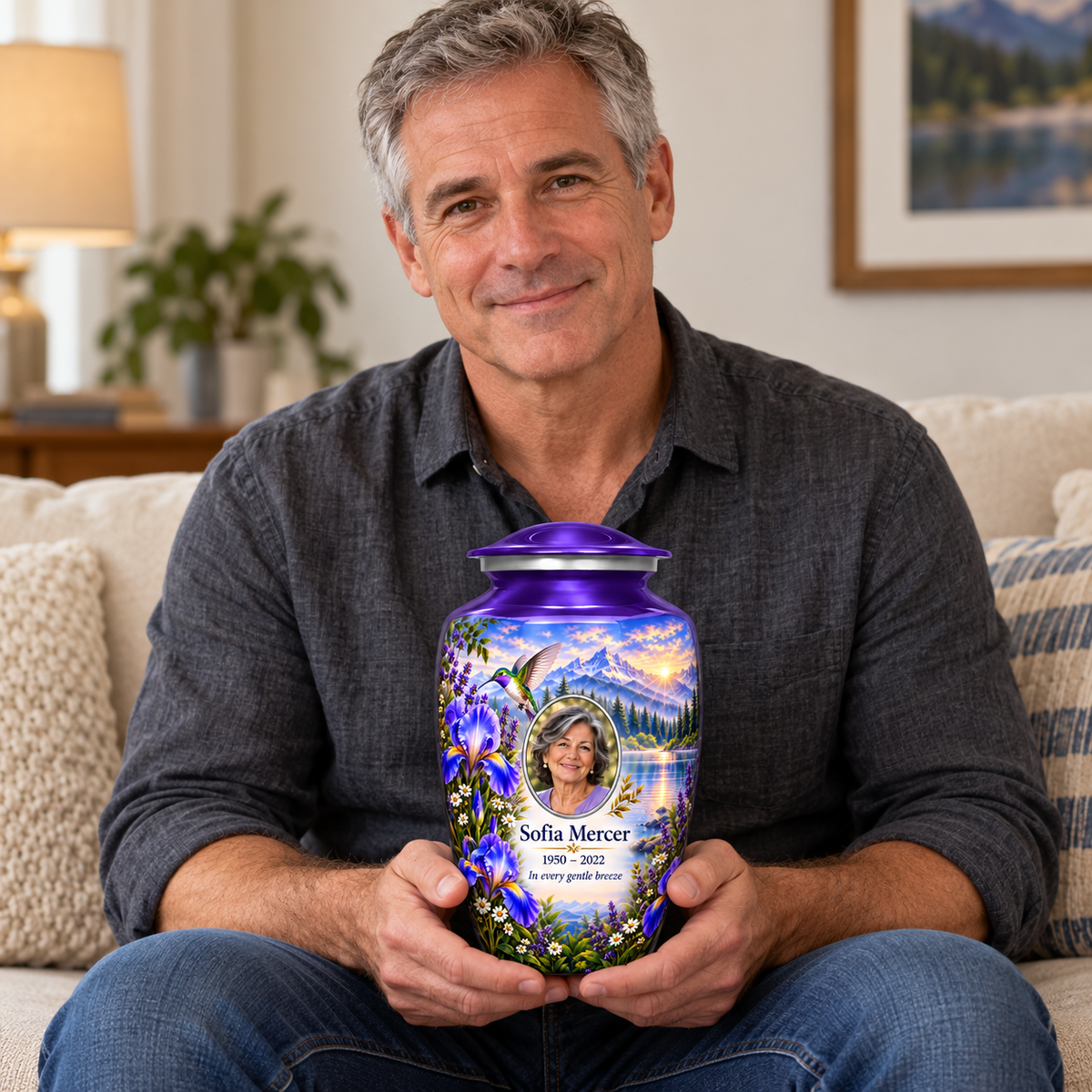 A seated person holding the purple hummingbird adult urn with Sofia Mercer sample photo and text
