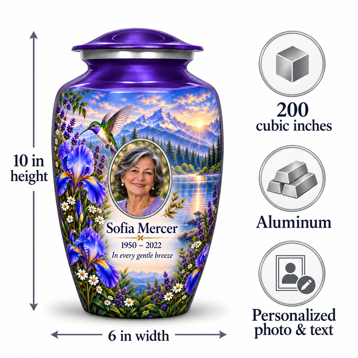 Purple hummingbird adult urn size guide showing 10 inch height, 6 inch width, 200 cubic inches, Aluminum and personalized photo and text