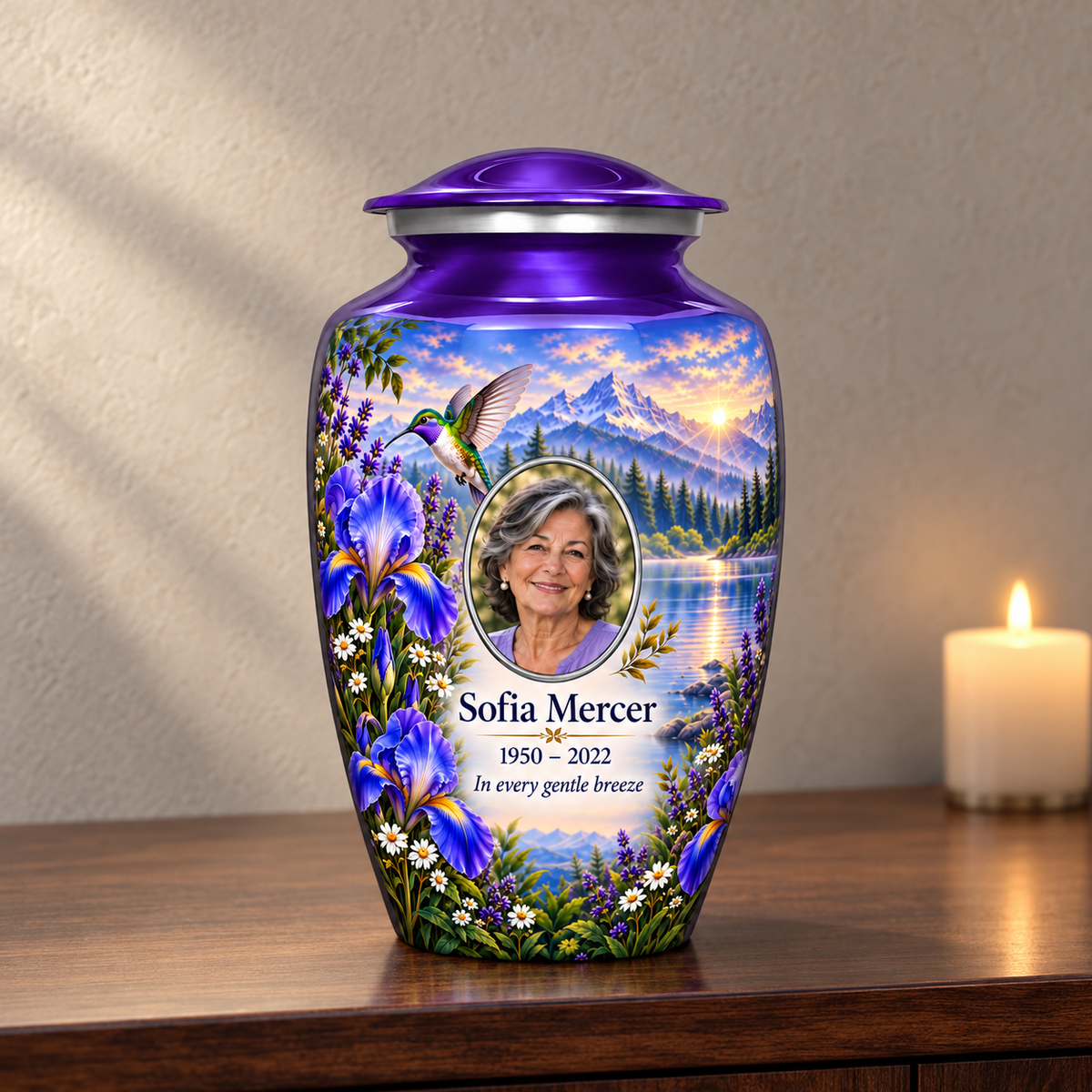 Purple hummingbird adult urn with Sofia Mercer sample photo and text displayed on a memorial console