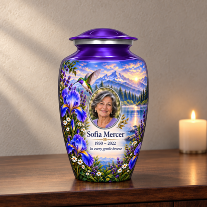 Purple hummingbird adult urn with Sofia Mercer sample photo and text displayed on a memorial console