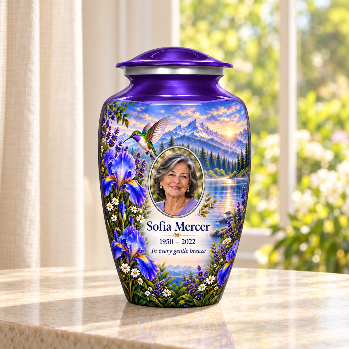 Purple hummingbird adult urn with purple irises and an alpine lake and Sofia Mercer sample photo and text in a sunlit home