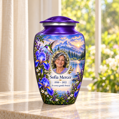 Purple hummingbird adult urn with purple irises and an alpine lake and Sofia Mercer sample photo and text in a sunlit home