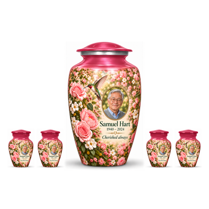 One pink hummingbird adult urn with four matching keepsakes, all with Samuel Hart sample photo and text