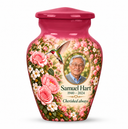 One pink hummingbird keepsake urn with pink roses and white blossoms and Samuel Hart sample photo and text