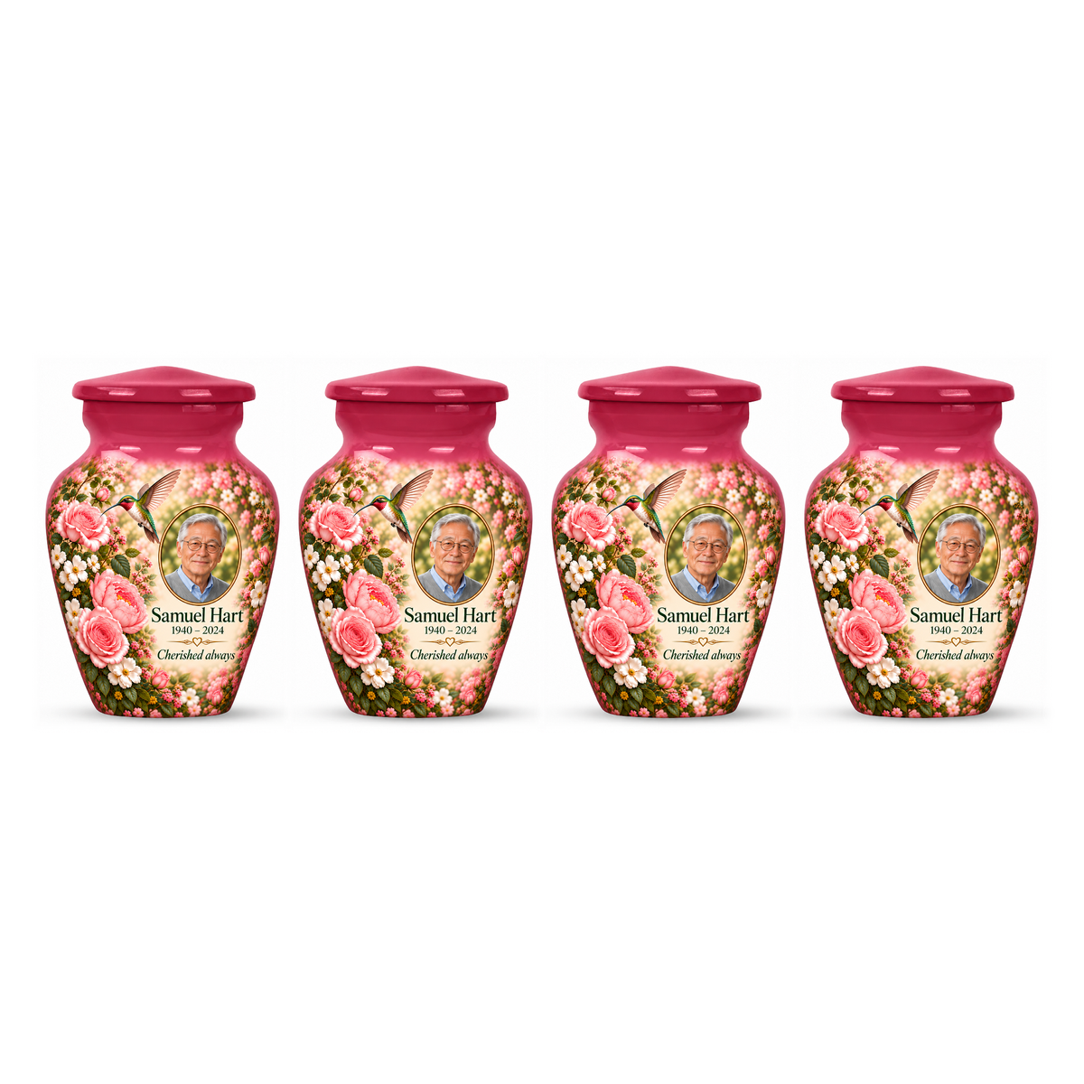 Four matching pink hummingbird keepsake urns with Samuel Hart sample photo and text