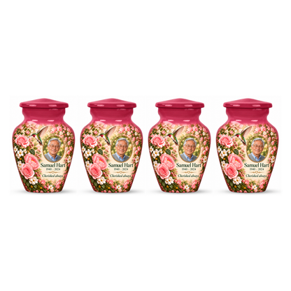 Four matching pink hummingbird keepsake urns with Samuel Hart sample photo and text