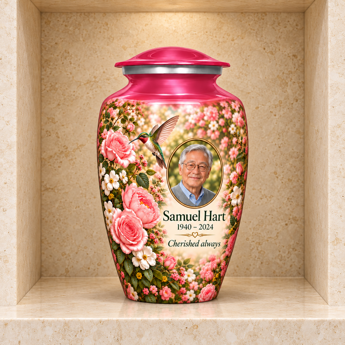 Pink hummingbird adult urn with Samuel Hart sample photo and text displayed in a stone columbarium niche