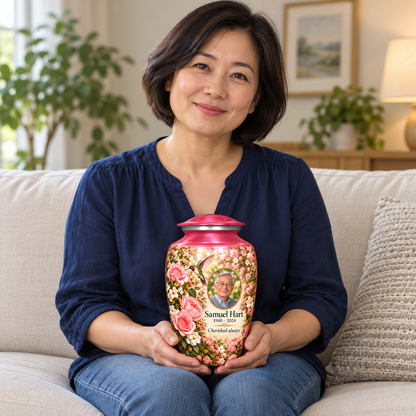 A seated person holding the pink hummingbird adult urn with Samuel Hart sample photo and text