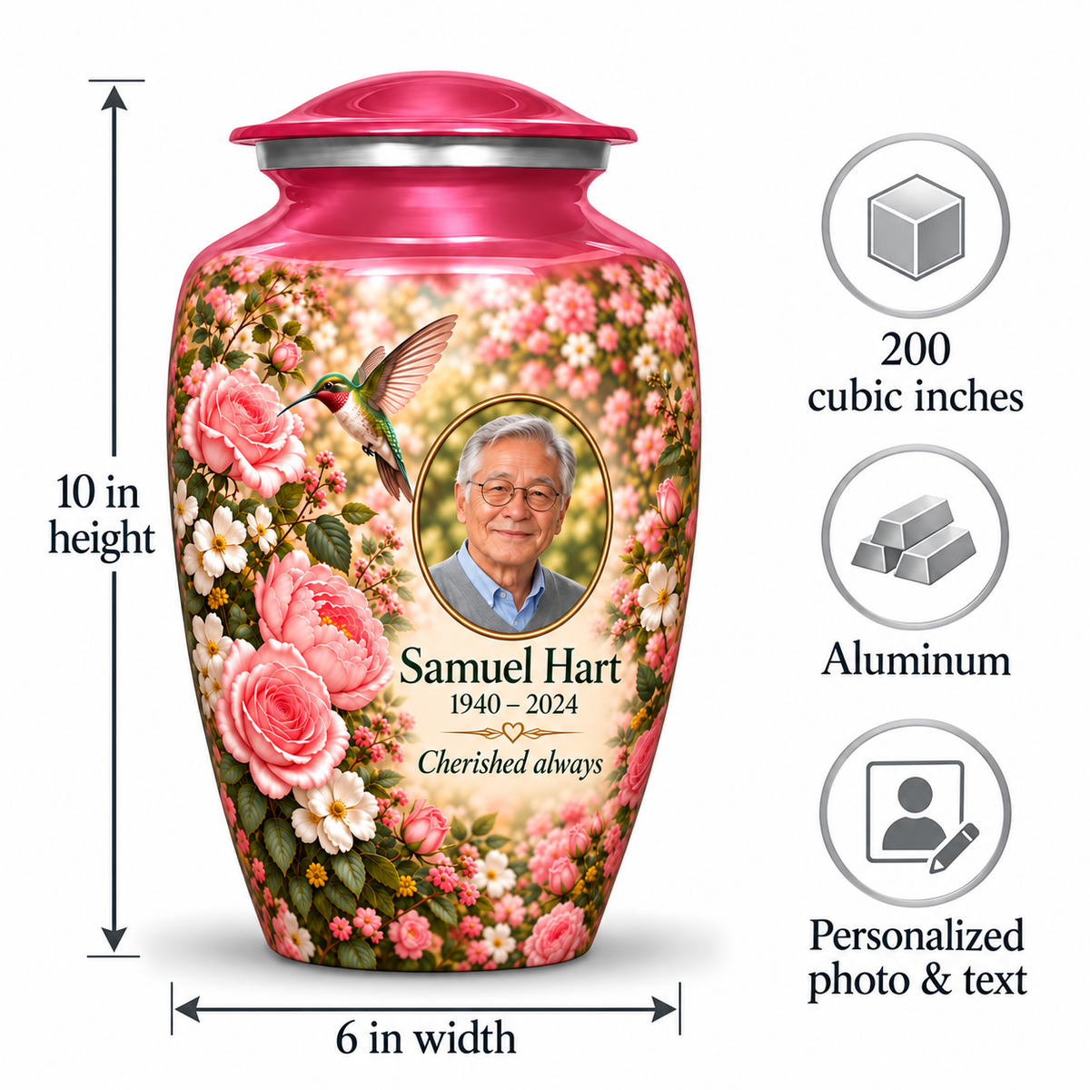 Pink hummingbird adult urn size guide showing 10 inch height, 6 inch width, 200 cubic inches, Aluminum and personalized photo and text