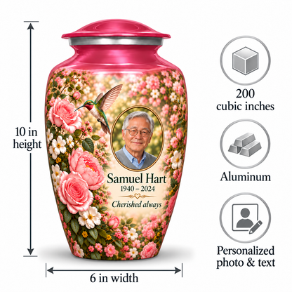 Pink hummingbird adult urn size guide showing 10 inch height, 6 inch width, 200 cubic inches, Aluminum and personalized photo and text