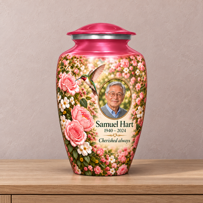 Pink hummingbird adult urn with Samuel Hart sample photo and text displayed on a memorial console