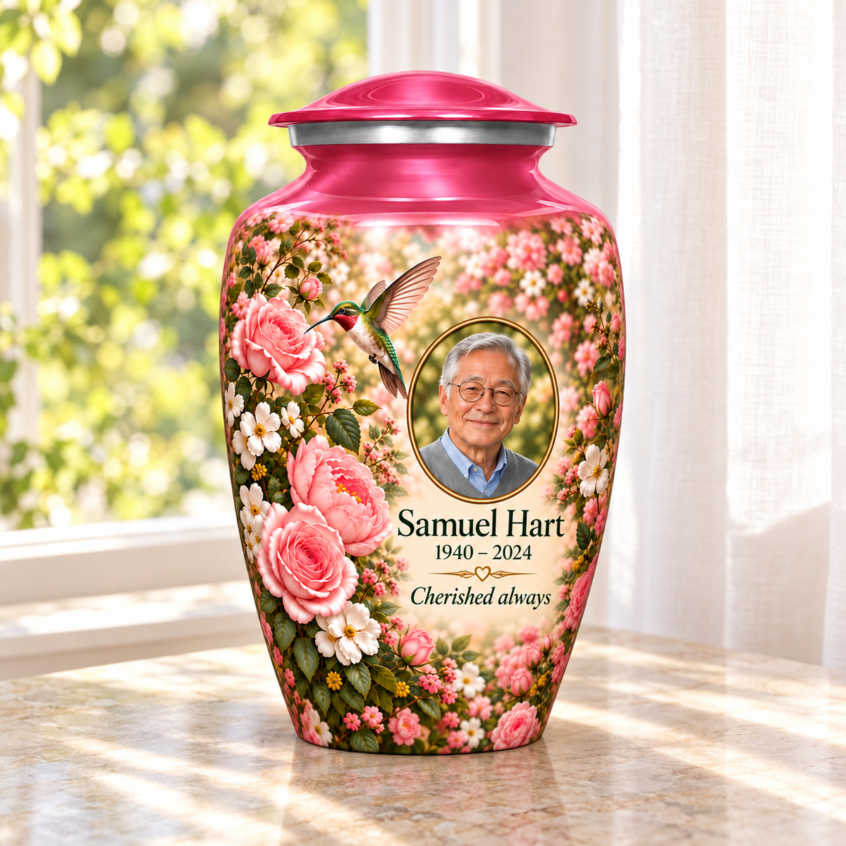 Pink hummingbird adult urn with pink roses and white blossoms and Samuel Hart sample photo and text in a sunlit home
