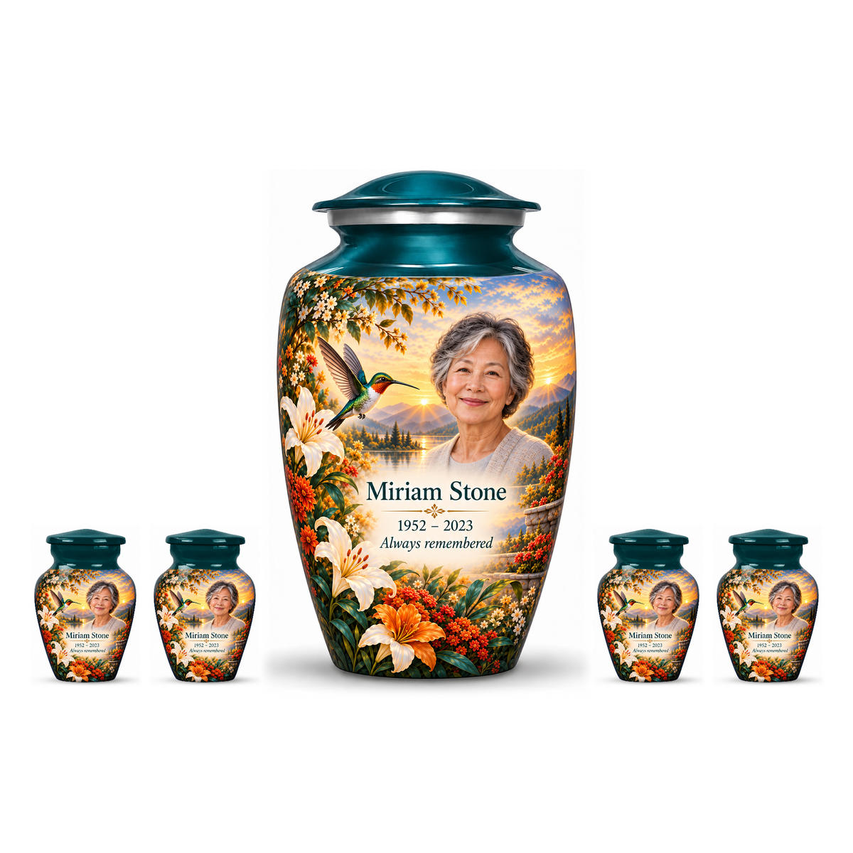 One green hummingbird adult urn with four matching keepsakes, all with Miriam Stone sample photo and text