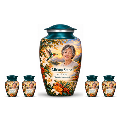 One green hummingbird adult urn with four matching keepsakes, all with Miriam Stone sample photo and text