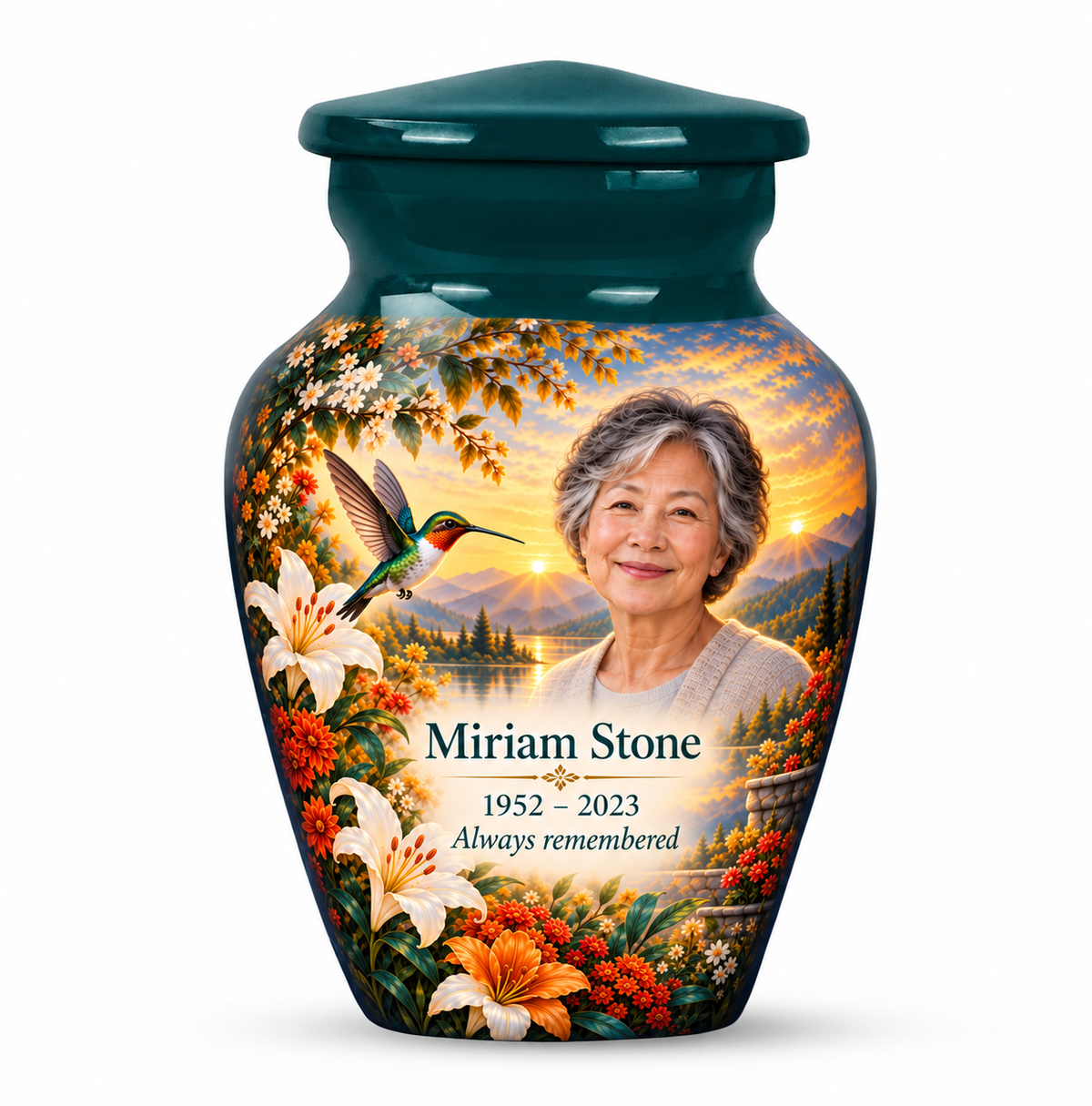 One green hummingbird keepsake urn with autumn flowers, white lilies and a mountain lake and Miriam Stone sample photo and text