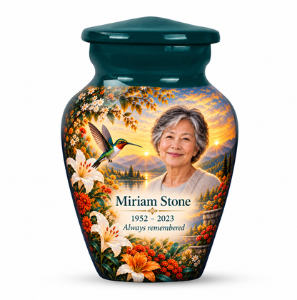 One green hummingbird keepsake urn with autumn flowers, white lilies and a mountain lake and Miriam Stone sample photo and text