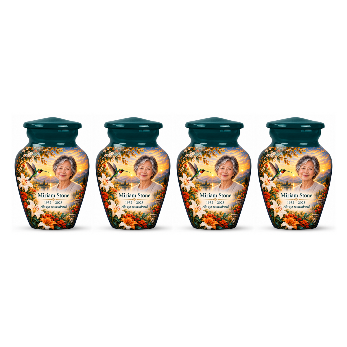 Four matching green hummingbird keepsake urns with Miriam Stone sample photo and text