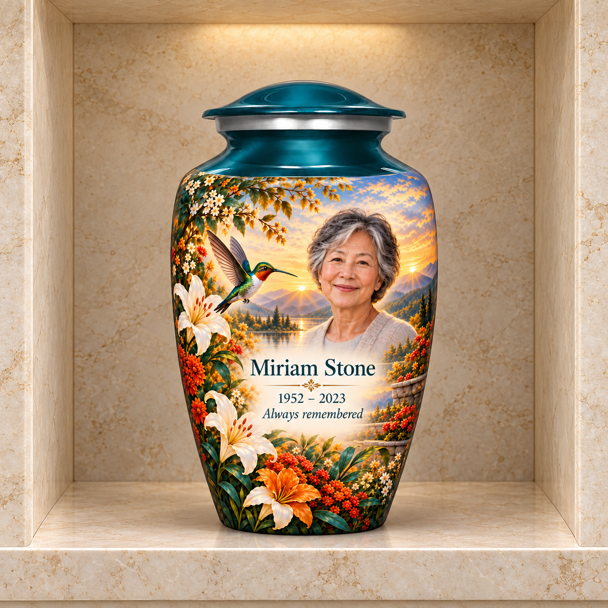 Green hummingbird adult urn with Miriam Stone sample photo and text displayed in a stone columbarium niche