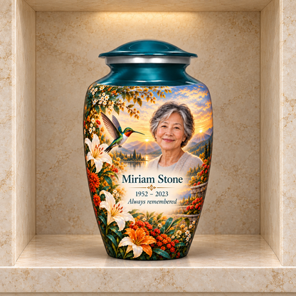 Green hummingbird adult urn with Miriam Stone sample photo and text displayed in a stone columbarium niche