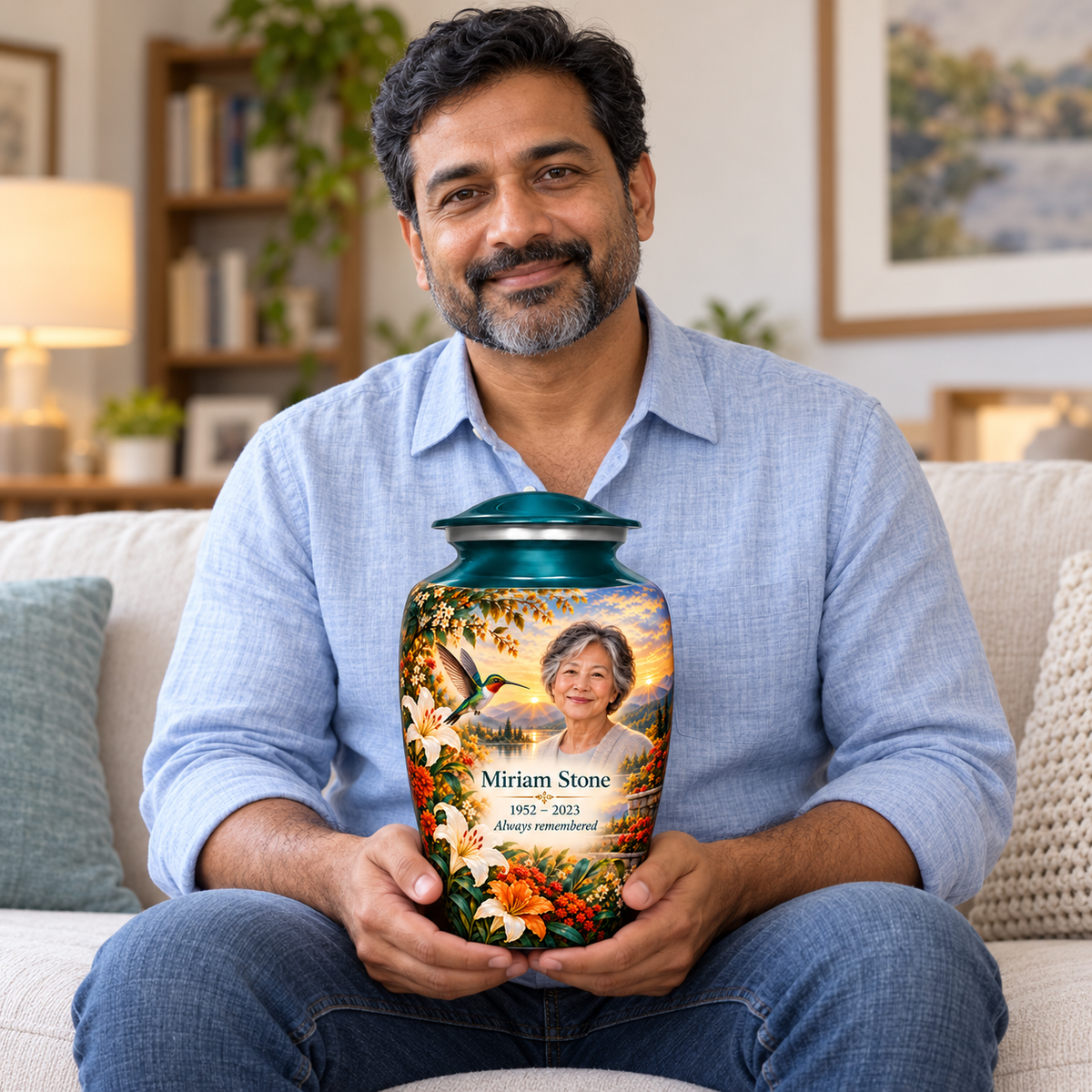 A seated person holding the green hummingbird adult urn with Miriam Stone sample photo and text