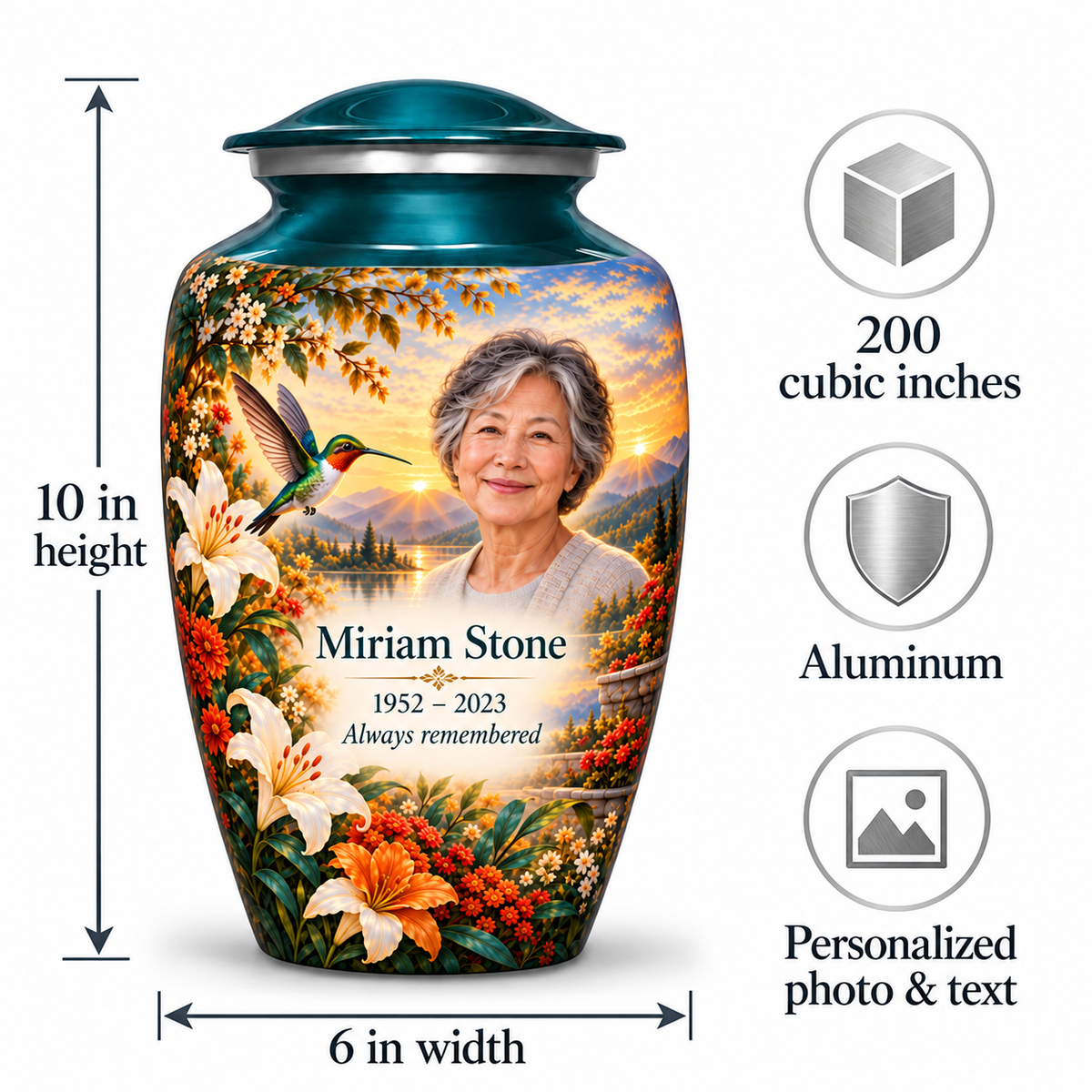 Green hummingbird adult urn size guide showing 10 inch height, 6 inch width, 200 cubic inches, Aluminum and personalized photo and text